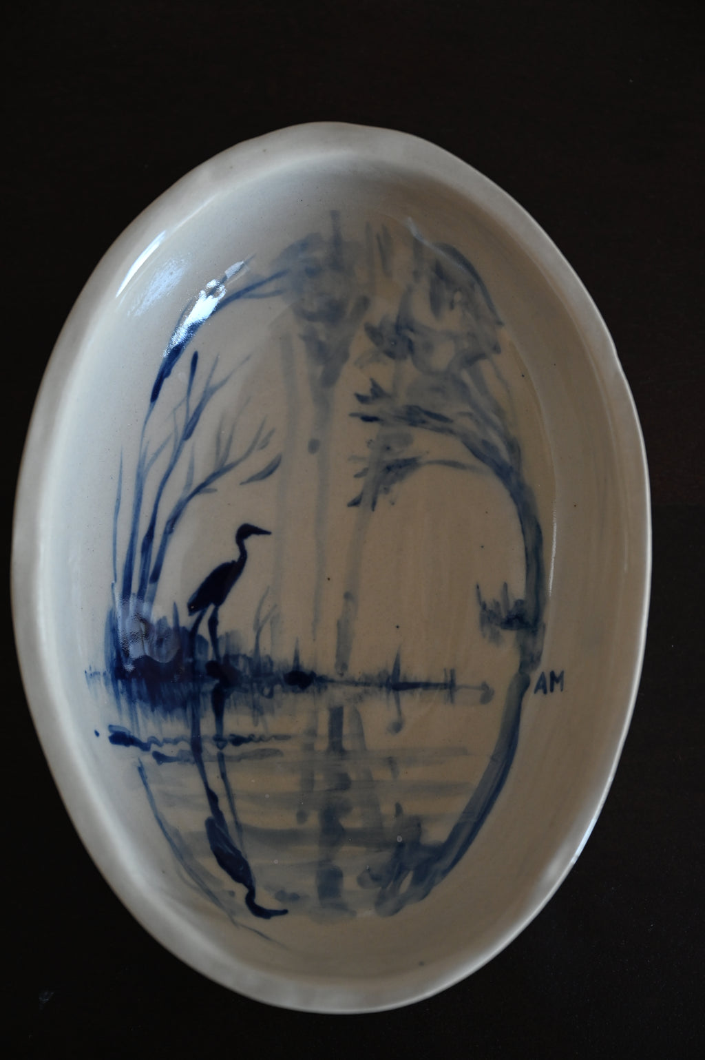 Ovale schaal met reiger